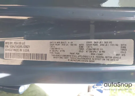 2024 Jeep Gladiator Willys z USA, uszkodzony, nr VIN 1C6HJTAG5RL120621